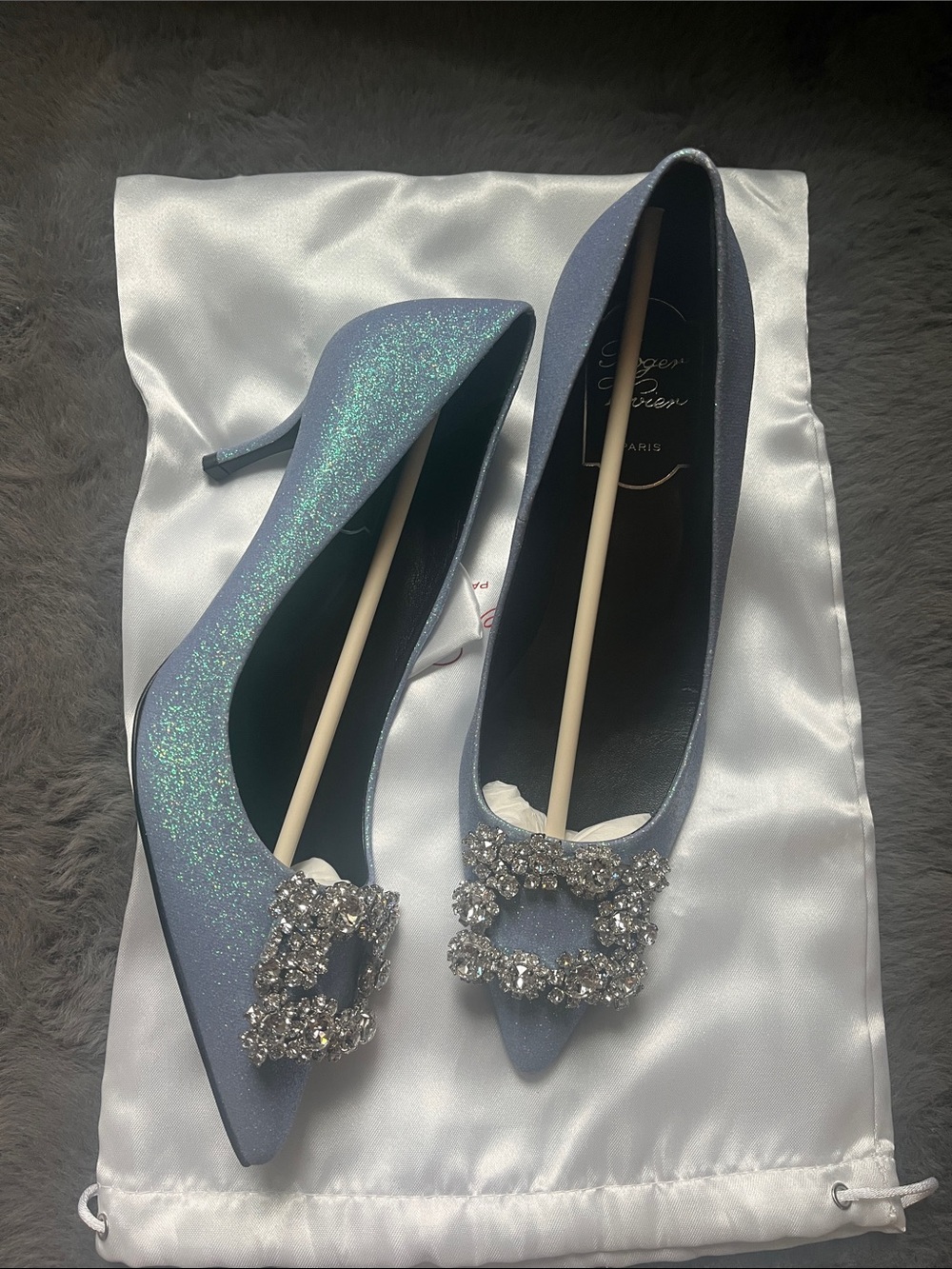 Roger Vivier Sparkling Blue Pointed Toe Pumps with Crystal Buckle